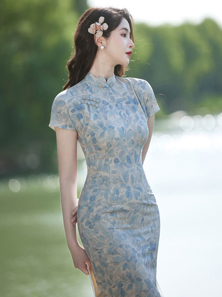 Women Cheongsam New Summer Long Dress Slim Plain