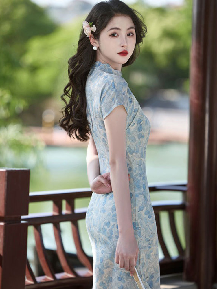 Women Cheongsam New Summer Long Dress Slim Plain