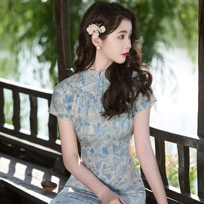 Women Cheongsam New Summer Long Dress Slim Plain