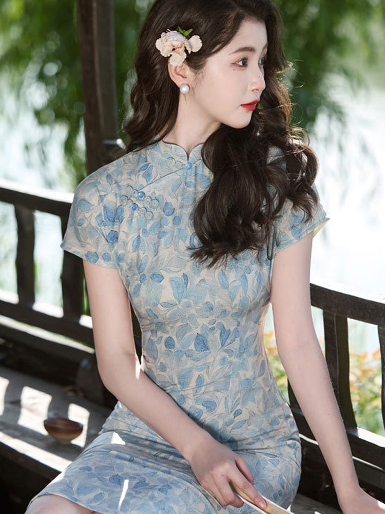 Women Cheongsam New Summer Long Dress Slim Plain