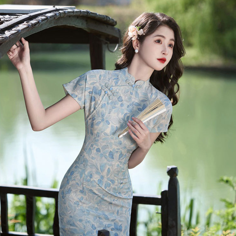 Women Cheongsam New Summer Long Dress Slim Plain
