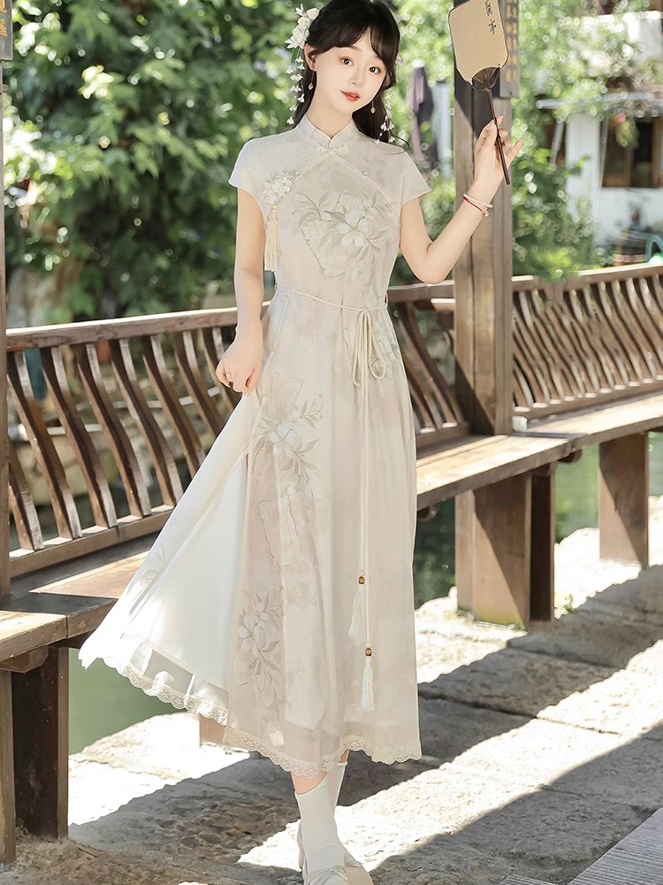 Ladies Summer Cheongsam Dress Pear Daily Thin Skirt
