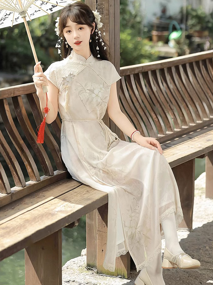 Ladies Summer Cheongsam Dress Pear Daily Thin Skirt