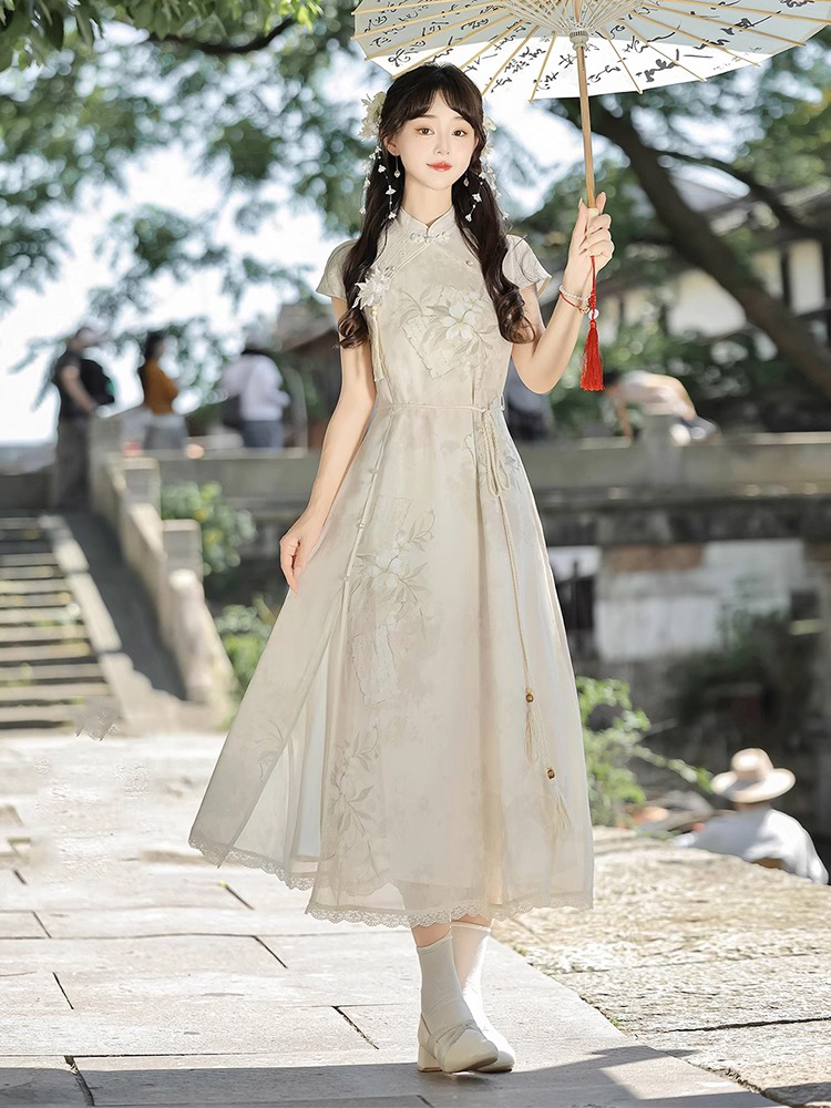 Ladies Summer Cheongsam Dress Pear Daily Thin Skirt