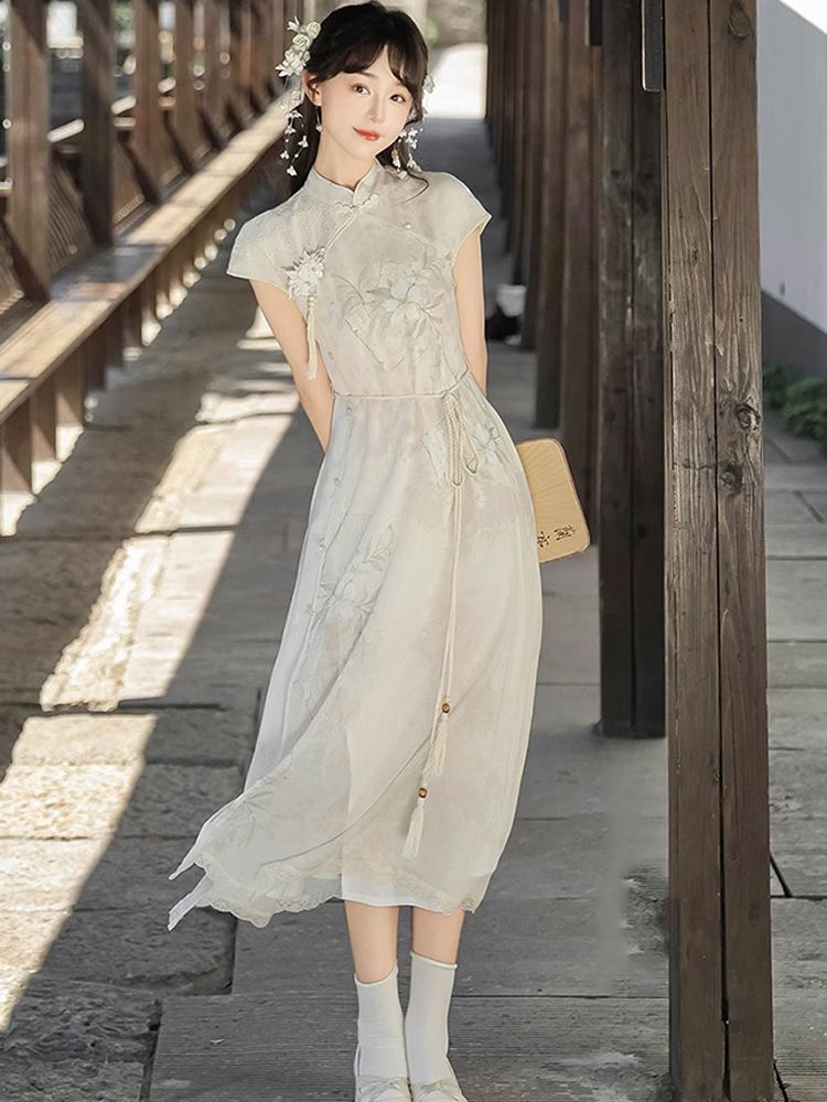 Ladies Summer Cheongsam Dress Pear Daily Thin Skirt