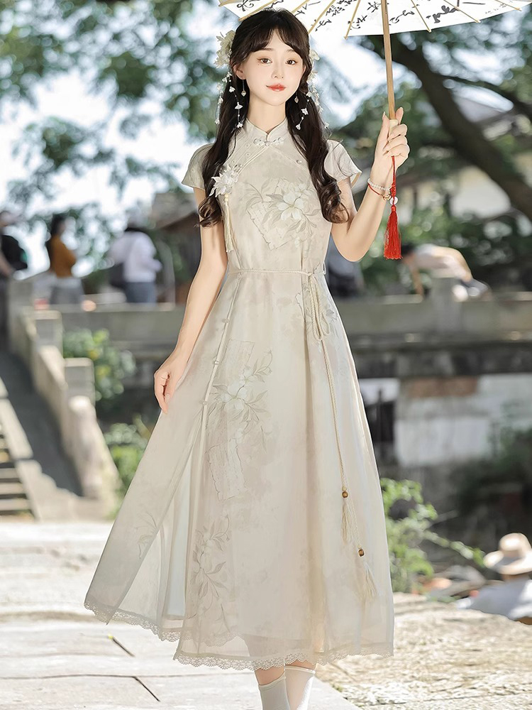 Ladies Summer Cheongsam Dress Pear Daily Thin Skirt