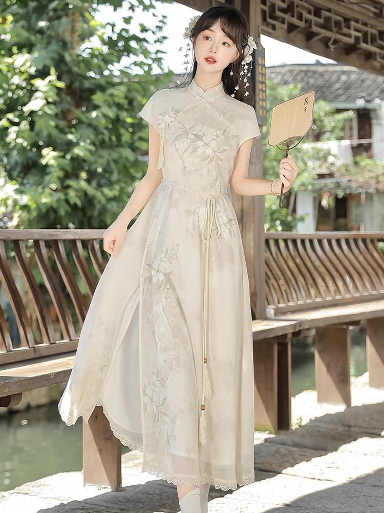 Ladies Summer Cheongsam Dress Pear Daily Thin Skirt