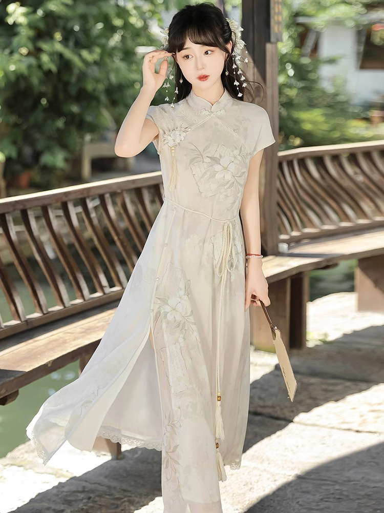 Ladies Summer Cheongsam Dress Pear Daily Thin Skirt