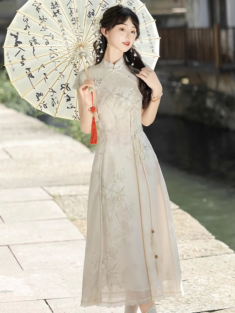 Ladies Summer Cheongsam Dress Pear Daily Thin Skirt