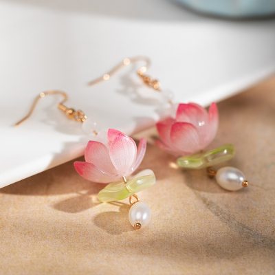 Women Pink Earrings Summer Lotus Flower Unique Earclips