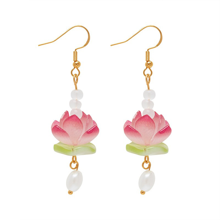 Women Pink Earrings Summer Lotus Flower Unique Earclips