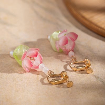 Women Pink Earrings Summer Lotus Flower Unique Earclips