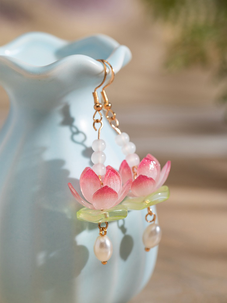 Women Pink Earrings Summer Lotus Flower Unique Earclips