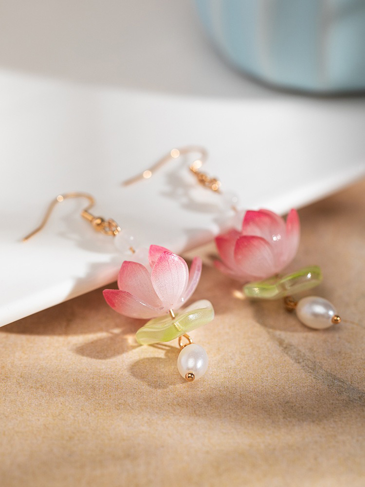 Women Pink Earrings Summer Lotus Flower Unique Earclips