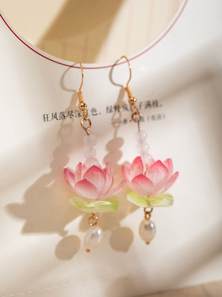 Women Pink Earrings Summer Lotus Flower Unique Earclips