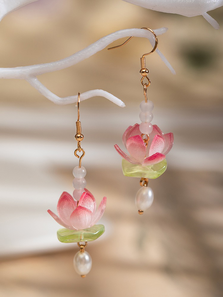 Women Pink Earrings Summer Lotus Flower Unique Earclips