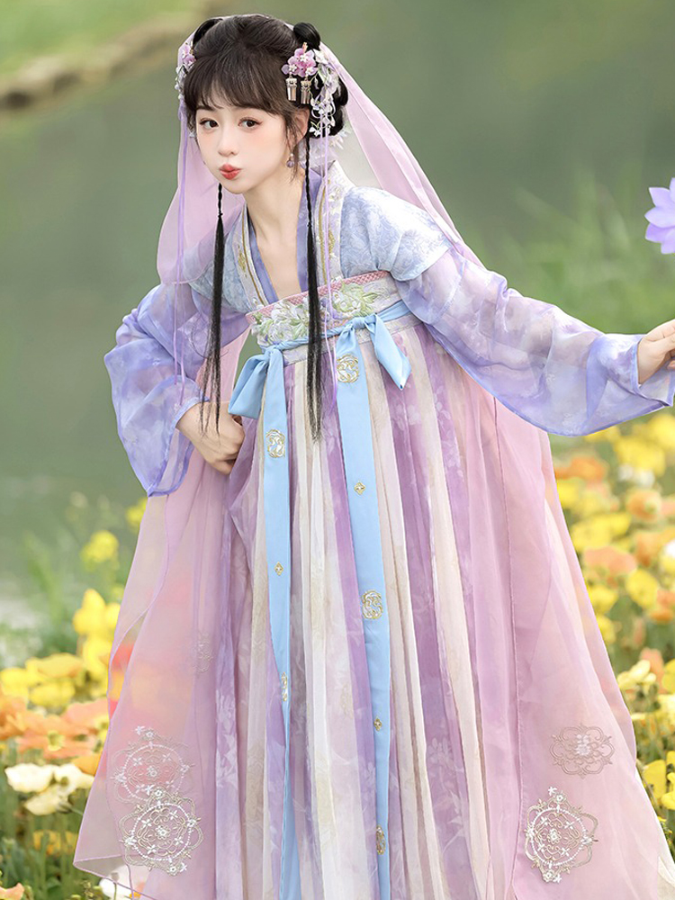 Women Spring Tang Dynasty Hanfu Qixiong Shanqun Purple Embroidered Skirt