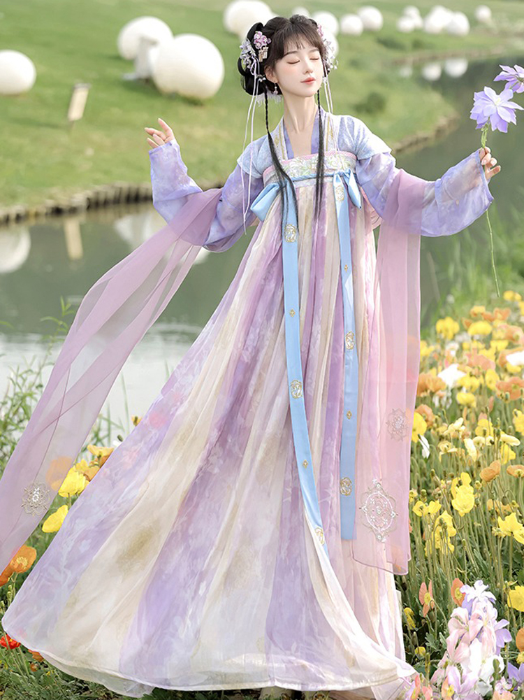 Women Spring Tang Dynasty Hanfu Qixiong Shanqun Purple Embroidered Skirt