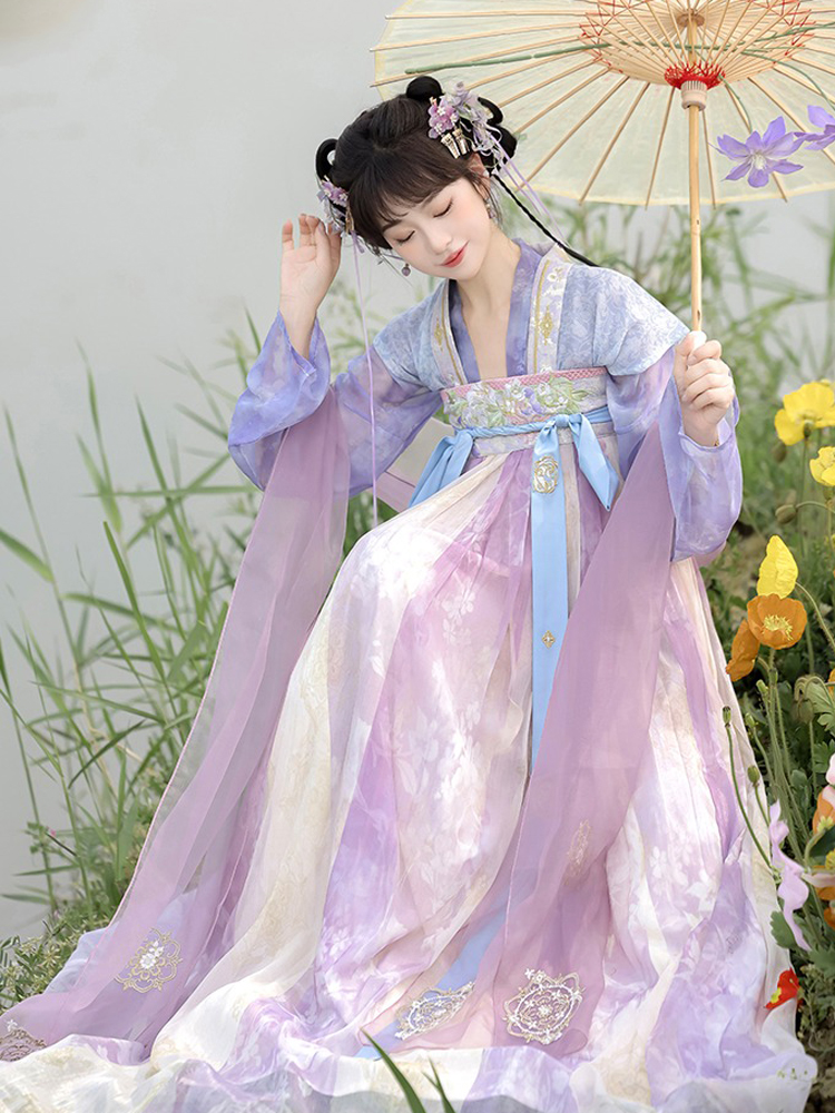 Women Spring Tang Dynasty Hanfu Qixiong Shanqun Purple Embroidered Skirt