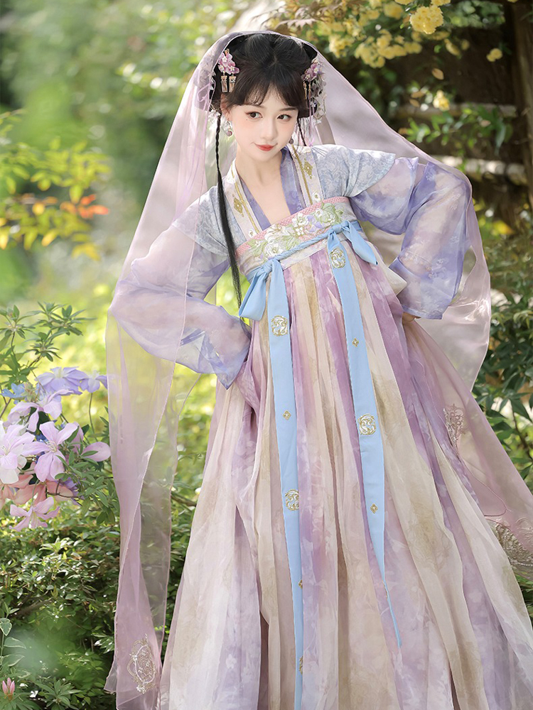 Women Spring Tang Dynasty Hanfu Qixiong Shanqun Purple Embroidered Skirt