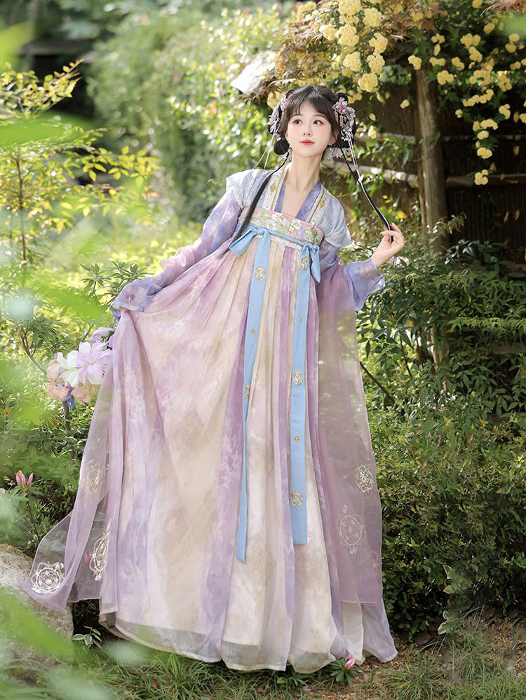 Women Spring Tang Dynasty Hanfu Qixiong Shanqun Purple Embroidered Skirt