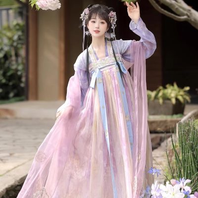 Women Spring Tang Dynasty Hanfu Qixiong Shanqun Purple Embroidered Skirt