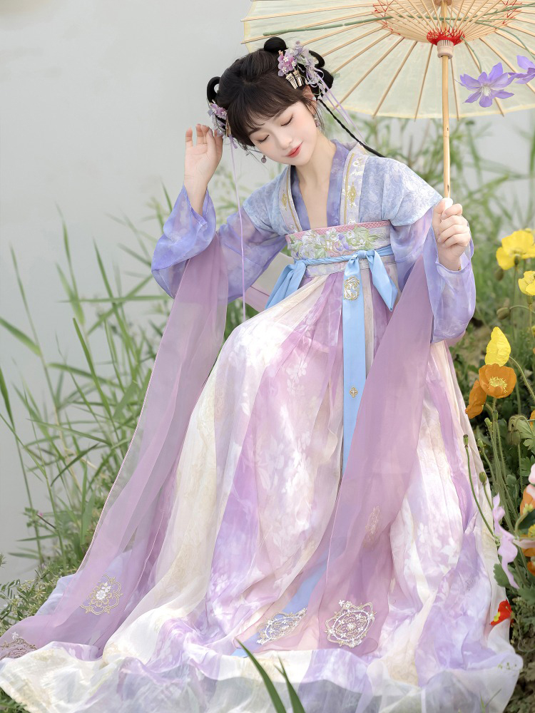 Women Spring Tang Dynasty Hanfu Qixiong Shanqun Purple Embroidered Skirt