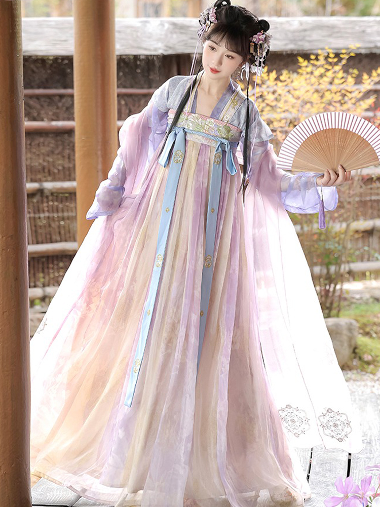 Women Spring Tang Dynasty Hanfu Qixiong Shanqun Purple Embroidered Skirt