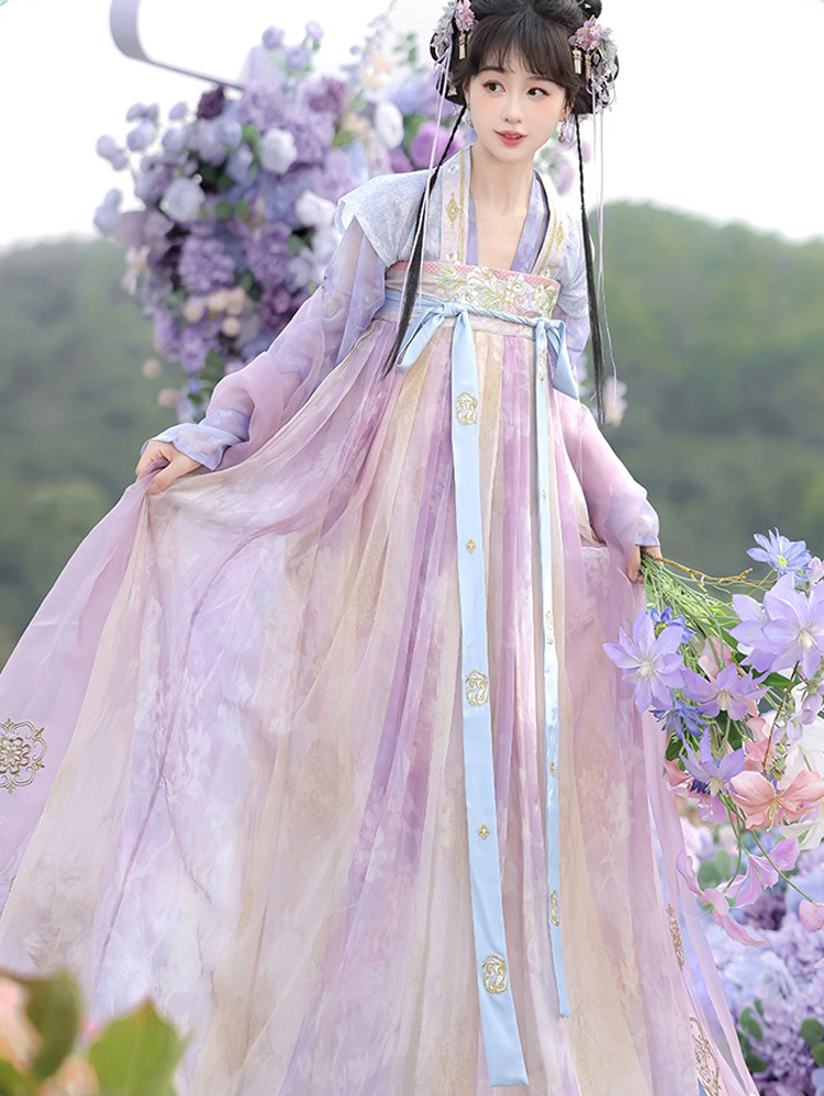 Women Spring Tang Dynasty Hanfu Qixiong Shanqun Purple Embroidered Skirt