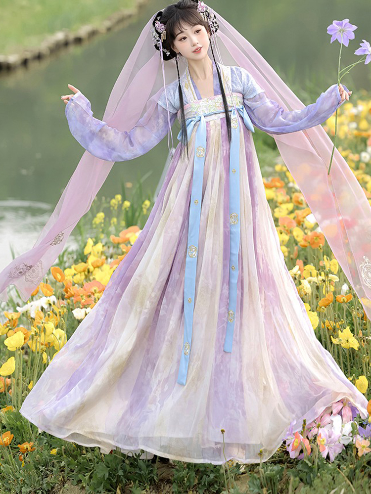 Women Spring Tang Dynasty Hanfu Qixiong Shanqun Purple Embroidered Skirt