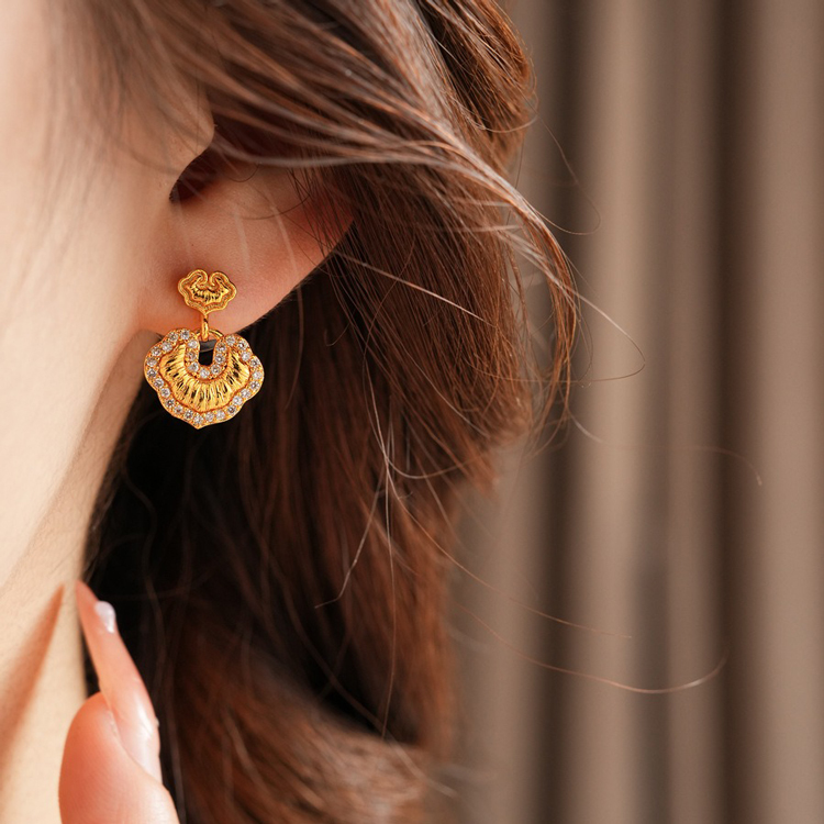 Auspicious Clouds Good Fortune Lock Ear Studs Women Niche Cheongsam Earrings