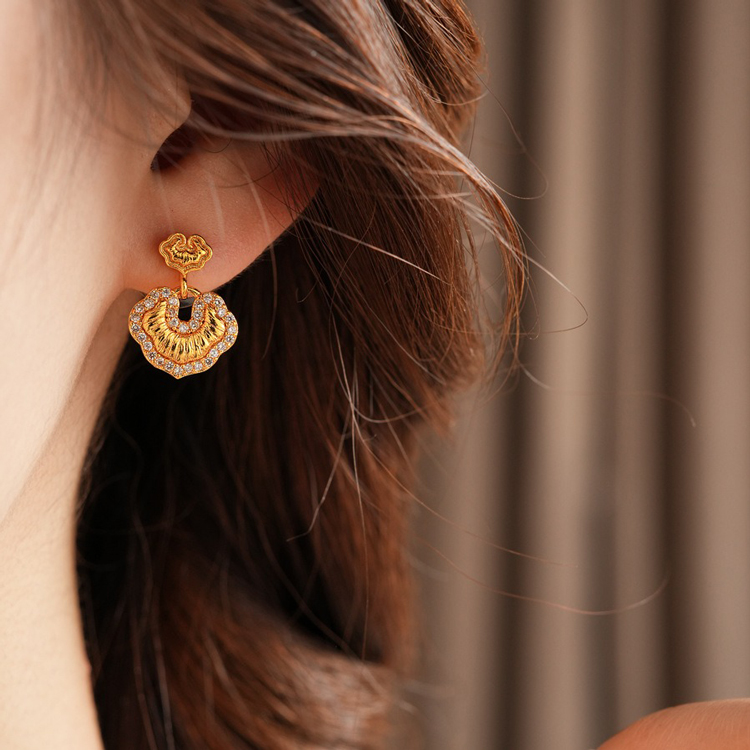 Auspicious Clouds Good Fortune Lock Ear Studs Women Niche Cheongsam Earrings