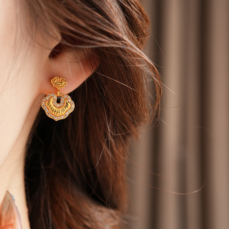 Auspicious Clouds Good Fortune Lock Ear Studs Women Niche Cheongsam Earrings