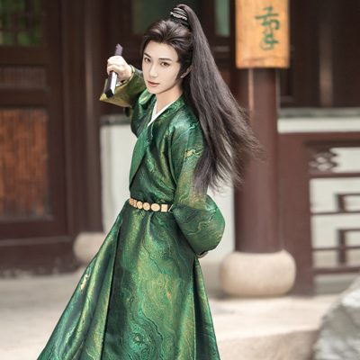 Men Hanfu Round Collar Robe Green Martial Arts Costume