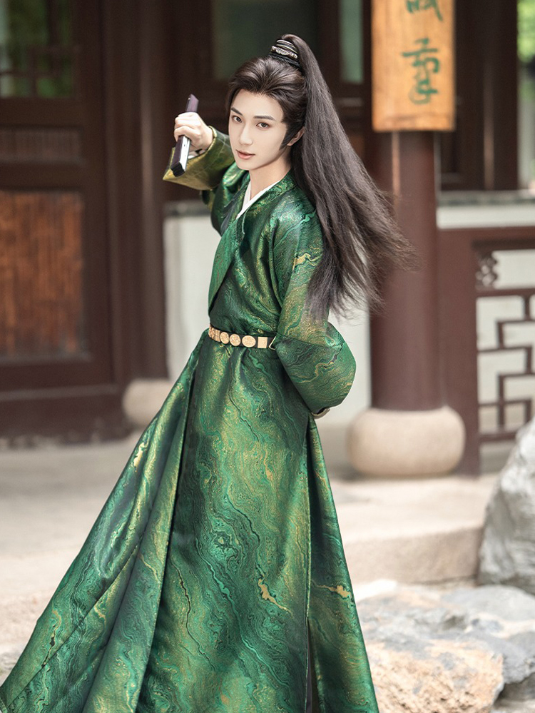 Men Hanfu Round Collar Robe Green Martial Arts Costume