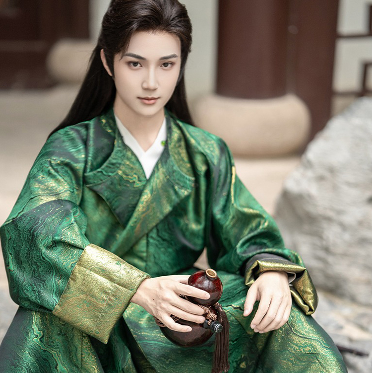 Men Hanfu Round Collar Robe Green Martial Arts Costume