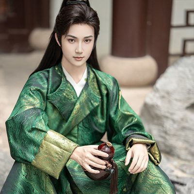 Men Hanfu Round Collar Robe Green Martial Arts Costume