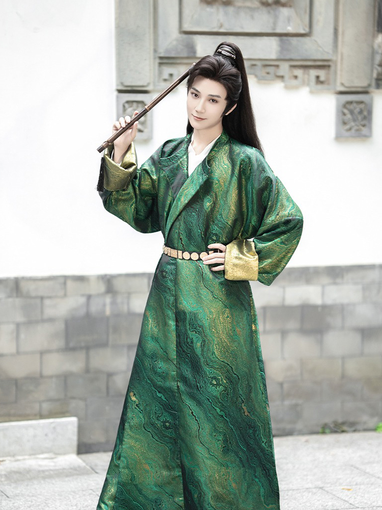 Men Hanfu Round Collar Robe Green Martial Arts Costume