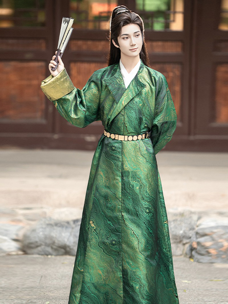 Men Hanfu Round Collar Robe Green Martial Arts Costume