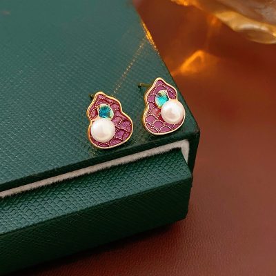 Pink Gourd Women Pearl Earrings Retro Cheongsam Accessories