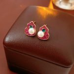 Pink Gourd Women Pearl Earrings Retro Cheongsam Accessories