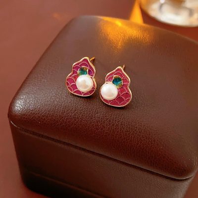 Pink Gourd Women Pearl Earrings Retro Cheongsam Accessories