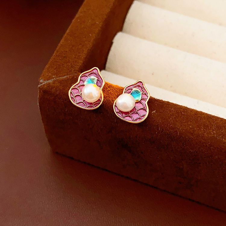 Pink Gourd Women Pearl Earrings Retro Cheongsam Accessories
