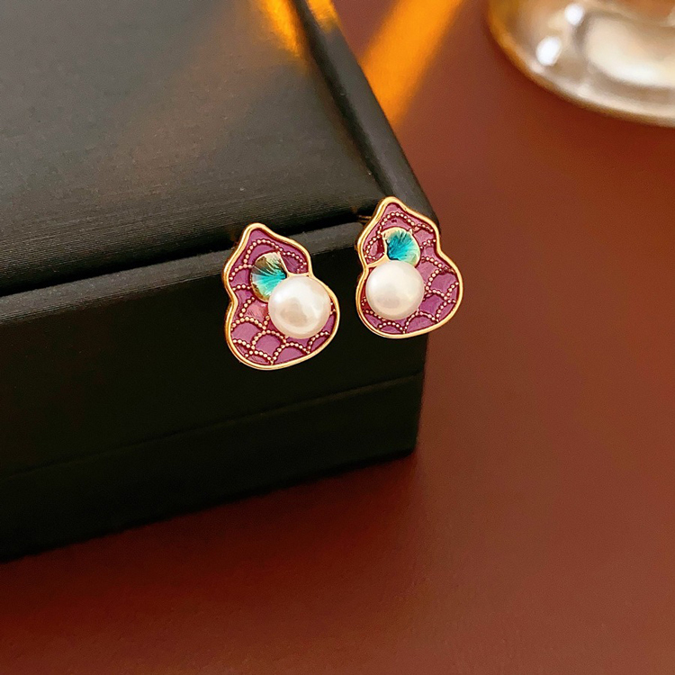 Pink Gourd Women Pearl Earrings Retro Cheongsam Accessories