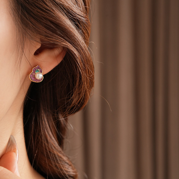Pink Gourd Women Pearl Earrings Retro Cheongsam Accessories