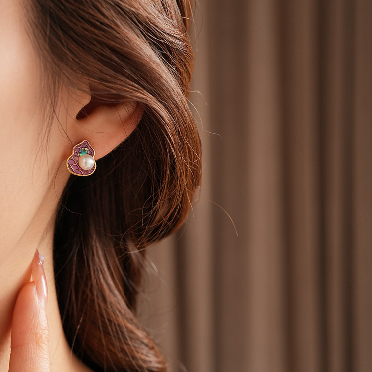 Pink Gourd Women Pearl Earrings Retro Cheongsam Accessories