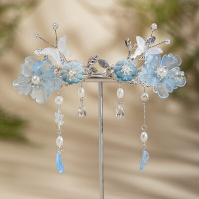 Blue Peony Woman Butterfly Tassel Vintage Hanfu Hair Clips