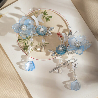 Blue Peony Woman Butterfly Tassel Vintage Hanfu Hair Clips