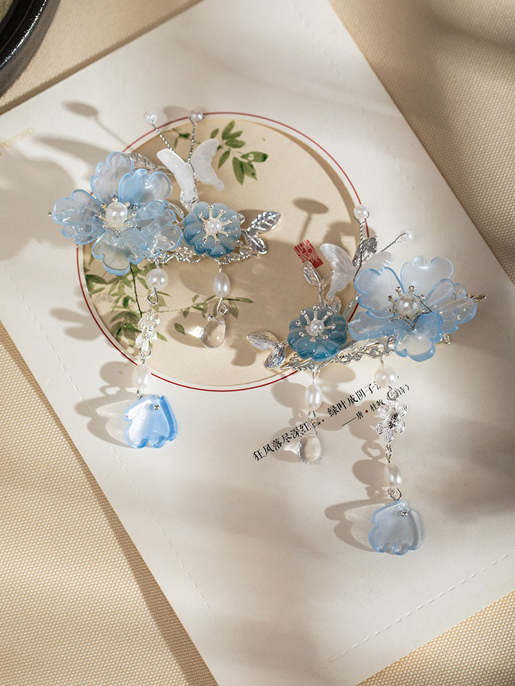 Blue Peony Woman Butterfly Tassel Vintage Hanfu Hair Clips
