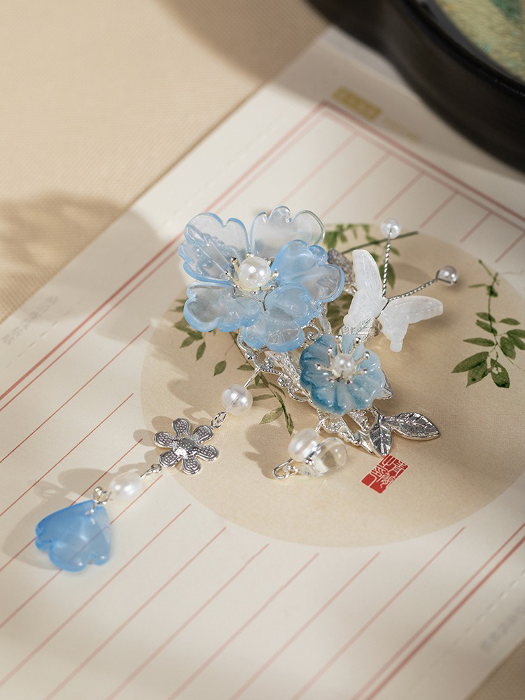 Blue Peony Woman Butterfly Tassel Vintage Hanfu Hair Clips